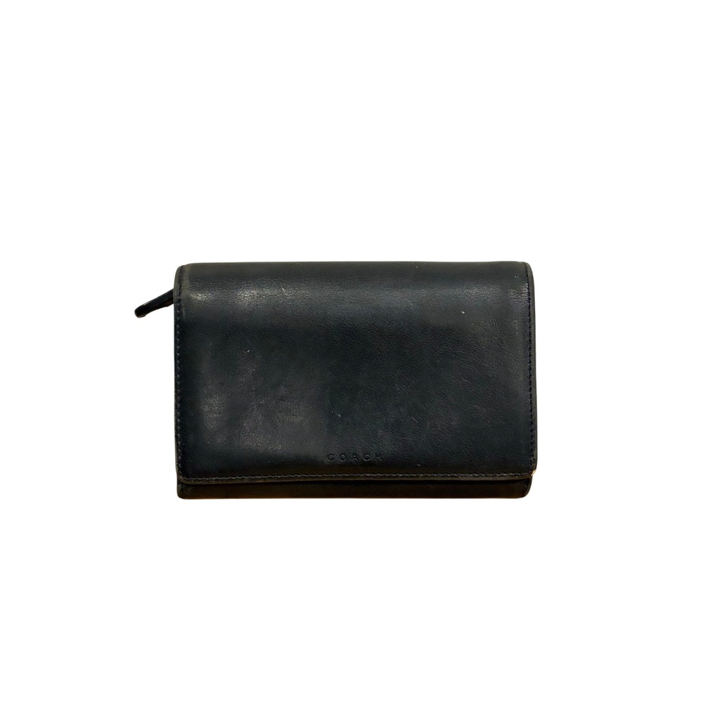 Coach Vintage 90's Black Glove Tanned Leather Trifold Wallet Zip Coin Pocket